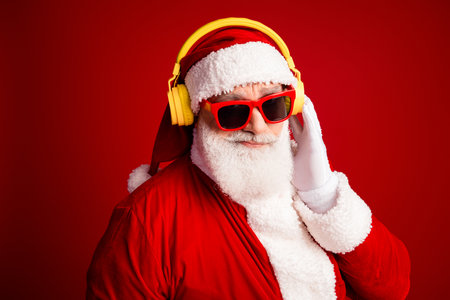 Santa in a bright red costume wearing yellow headphones and red sunglasses posing for a holiday stock photo on a bold red backgroundの写真素材