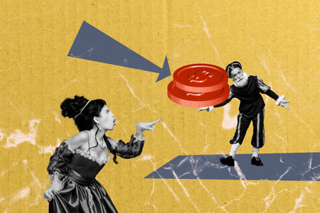 Sketch image design artwork collage of costume opulence fashion young lady aged man stand coins trade savings income investment currencyの写真素材