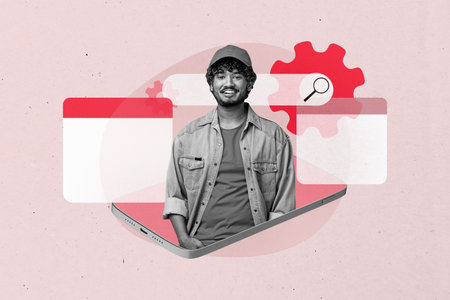 Banner artwork trend collage of happy businessman peek phone tab search gearwheel settings browser efficiencyの写真素材