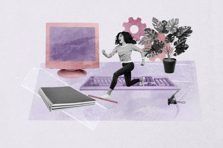 Art sketch image full 3d collage of happy businesswoman stand computer keypad supplies office workplace gearwheelの写真素材