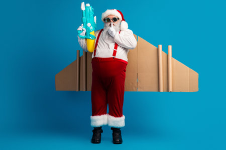 Santa in a red suit with cardboard wings and a bright water gun stands on a blue background for Christmas fun and holiday adsの写真素材