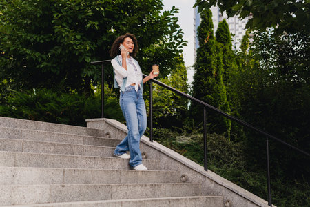 Young woman on outdoor stairs talking on phone with coffee in hand and backpack in a modern city park settingの写真素材
