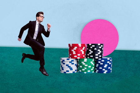 Collage with colorful casino chips cards dices representing online gambling poker betting e-gaming entertainmentの写真素材