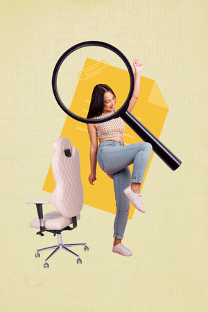 Collage of HR manager searching for candidates with magnifying glass and office chair conceptの写真素材