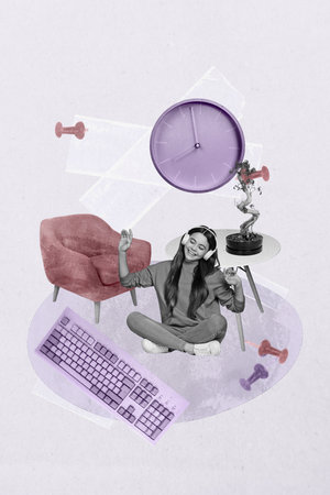 Banner image zine art pop trend collage of happy businesswoman stand office supplies table alarm clock computer keypadの写真素材