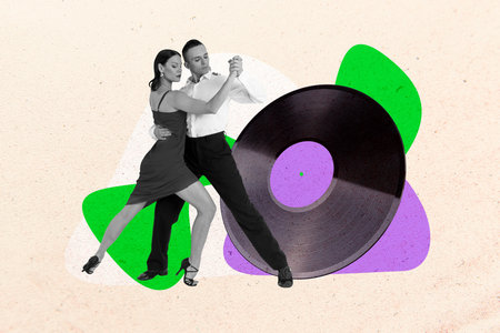 Composite 3d sketch art collage of two happy girl guys dance together retro vinyl disk weekend...