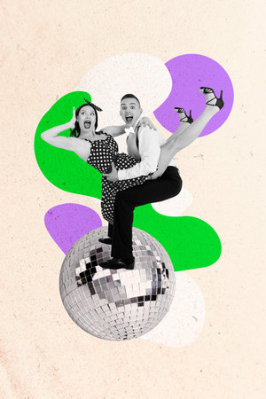 Art sketch 3d image banner collage of two happy girl guy dandy pinup dance disco ball celebration friday mood celebration eventの写真素材