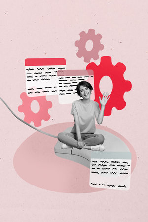 Banner 3d image art poster trend collage of happy businessman businesswoman sit desktop mouse tool gearwheel settings progressの写真素材