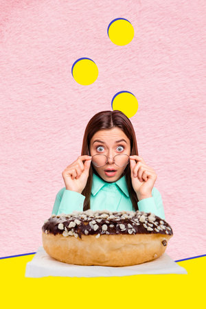Image art pop trend collage of shocked girl hold glasses chocolate donut sweet dessert nutrition...