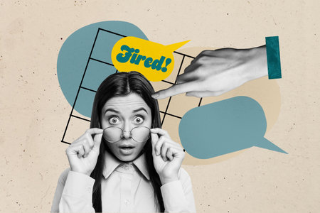 Image full pop trend collage of puzzled businesswoman dismissal inexperienced employee hand point bubble fired tension redundancyの写真素材