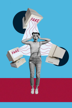 3d sketch pop image banner collage of shocked girl stand pc monitor online propaganda fake news spam disinformation pressureの写真素材