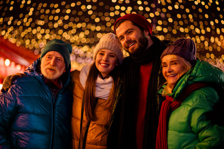 Cheerful family friends and grandparents enjoy a warm winter night under festive lights at a busy...