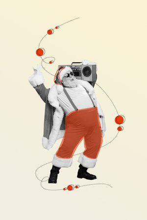Composite design trend artwork collage of clubber santa claus dance hold boombox leisure weekend event xmas holiday merry christmas seasonの写真素材
