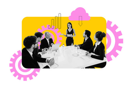 Banner image pop artwork 3d photo collage of happy business partners girls guys arrow development archive cloud gearwheelの写真素材