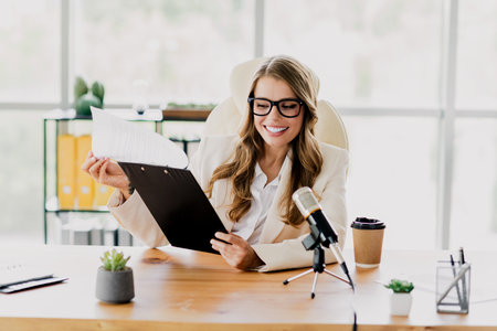 Young businesswoman in an office conducting work tasks, expressing confidence and professionalism with a friendly attitudeの写真素材
