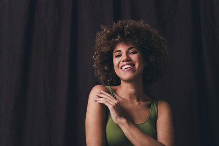 Photo of lovely young lady touch soft skin shoulder dressed khaki lingerie studio background no filter self acceptance all body perfectの写真素材