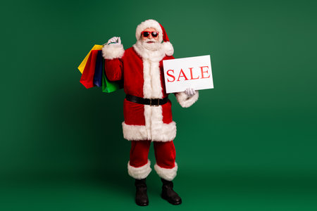 Santa with sale sign and colorful bags in a bright green background for holiday shoppingの写真素材