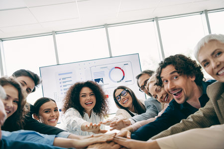 Diverse Team Smiling and Collaborating During a Dynamic Office Meeting With Presentation Display and...