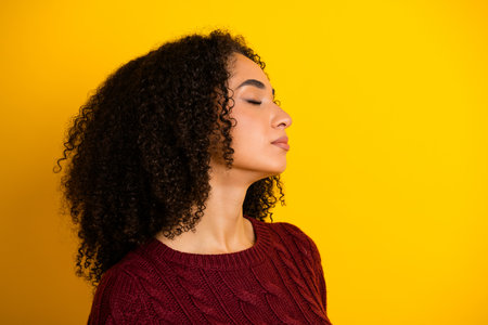 Young mixed race woman with curly hair in a burgundy sweater poses in profile against a bright yellow background expressing calmの写真素材