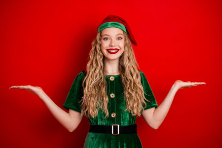 Young joyful woman in festive green elf costume against a vibrant red backdrop showcasing holiday cheer with playful hand gesturesの写真素材