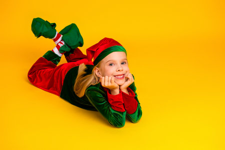 Happy little girl in elf costume on yellow backdrop celebrating the festive season with a cheerful smileの写真素材