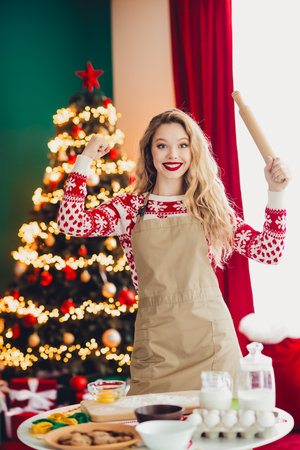 Festive home baker smiles proudly while decorating a Christmas tree and waving a rolling pin in a cozy indoor sceneの写真素材