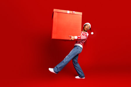 Playful young woman in santa hat carries a giant red gift box across a bold red background for a festive christmas stock photoの写真素材