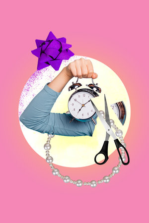 Vertical creative poster collage human arm holding alarm clock scissors cut fragments elements deadline late miss scheduleの写真素材