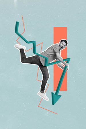 Vertical photo collage of young man scream try hold arrow failure down bankrupt problem loss decline isolated on painted backgroundの写真素材