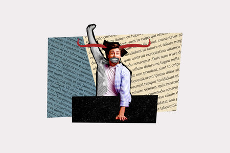 Trend artwork photo collage sketch image of abstract half colored body man surreal face different pieces look happy smile raise hand upの写真素材