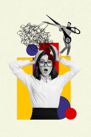Vertical photo collage of astonished businesswoman opponent man scissors cut head failure problem isolated on painted backgroundの写真素材