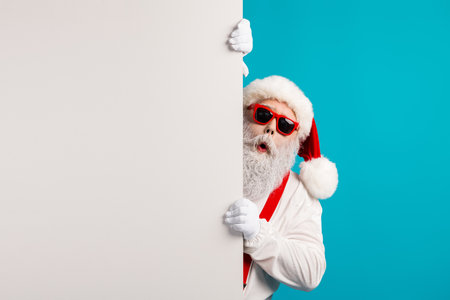 Santa peeks from behind a blank panel with red hat and blue background for a Christmas themed stock photoの写真素材