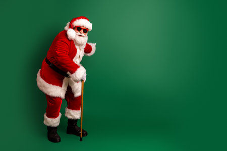 Santa in red suit with white fur hat and beard leans on a wooden staff against a green background ready for holiday funの写真素材