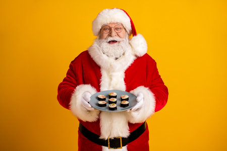 Santa Claus in red suit with white fur presents sushi plate against bright yellow background for a fun festive holiday momentの写真素材