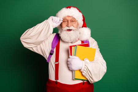 Santa in costume with hat and beard holds colorful notebooks and yellow and orange papers against a green backgroundの写真素材