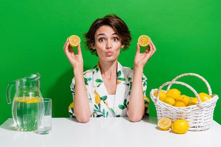 Photo of young girl brown hair pouty lips person she like dieting freshness made by two citrus halves isolated on green color backgroundの写真素材