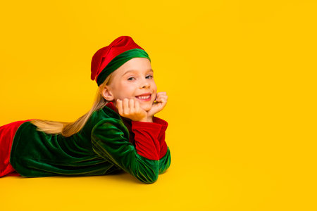Cheerful young girl dressed as an elf in festive attire on a vibrant yellow backdrop, showcasing...