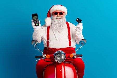 Santa on a red motorcycle holds a smartphone as a playful festive scene for Christmas season and holiday shoppingの写真素材