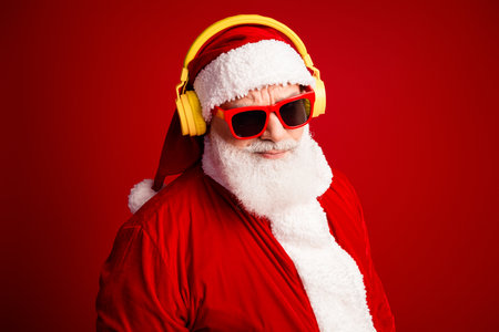Santa in yellow headphones sunglass wearing festive costume against red background perfect for christmas season campaigns holiday marketingの写真素材