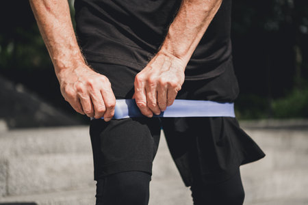 Man in athletic wear ties a light resistance band around his thighs before a training session outdoors in a park on a sunny dayの写真素材