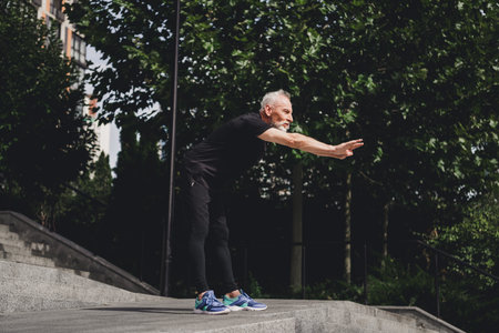 Elderly bearded man in sporty clothes performs a balance drill on outdoor steps in a park with trees capturing fitness focus and calm movement in an urban settingの写真素材