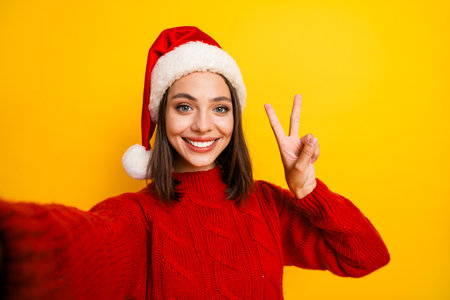 Funny Santa hat selfie with smiling woman in red sweater posing for christmas stock photo on bright yellow backgroundの写真素材