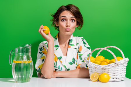 Photo of young girl with fresh lemons and lemonade pitcher on green backgroundの写真素材