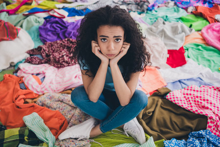 High angle view full size photo of moody young girl sitting pile stack clutter clothes apartment...