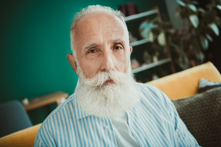 Senior man with white beard sits on a couch at home wearing a blue striped shirt conveying calm comfortable retirement lifestyle and relaxed moodの写真素材