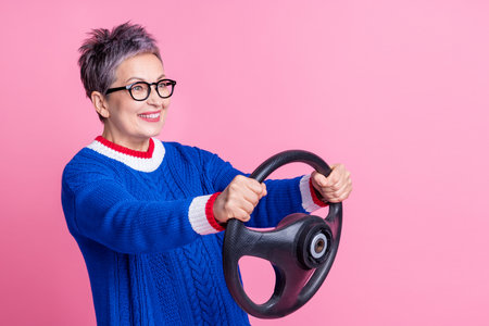 Photo of pretty cheerful nice woman wear stylish clothes driving car speed lesson empty space...