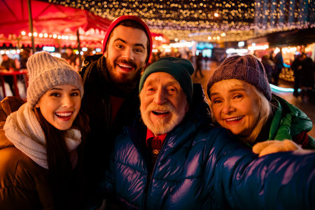 Funny festive family selfie with friends at a crowded winter market under twinkling lights and Christmas decorationsの写真素材