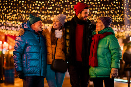 Joyful family and friends gather outdoors under festive lights at a winter market celebrationの写真素材