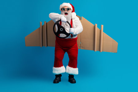 Santa in funny costume with cardboard jet wings and steering wheel against blue background for a holiday sceneの写真素材