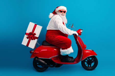 Santa on a bright red scooter with a wrapped gift box rides a cheerful blue studio to celebrate Christmas Eve and share holiday magicの写真素材